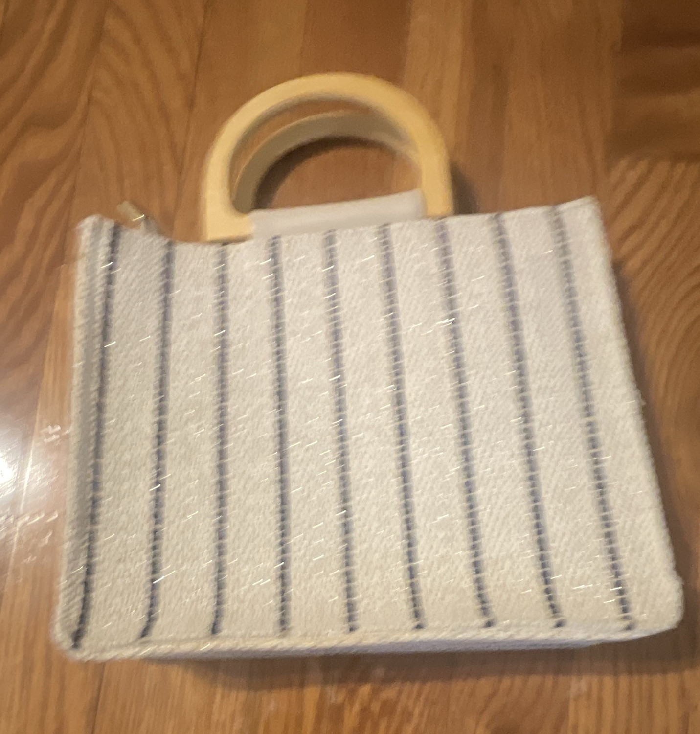 Beige Blue Striped Small Top Handle Bag Wood Handles Detachable Strap Zip