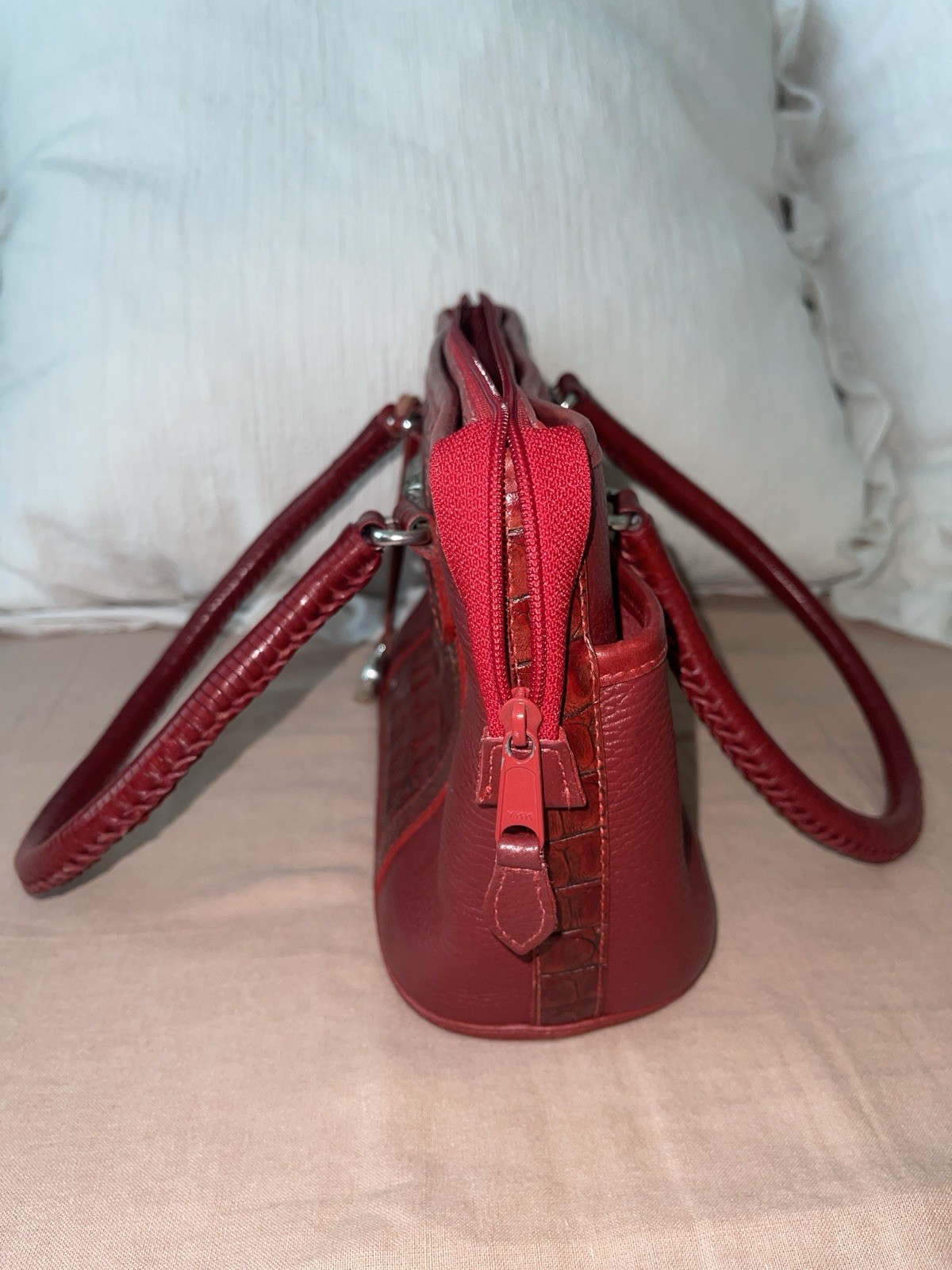 BRIGHTON Genuine Red Leather Croc Embossed Small Double Strap Satchel