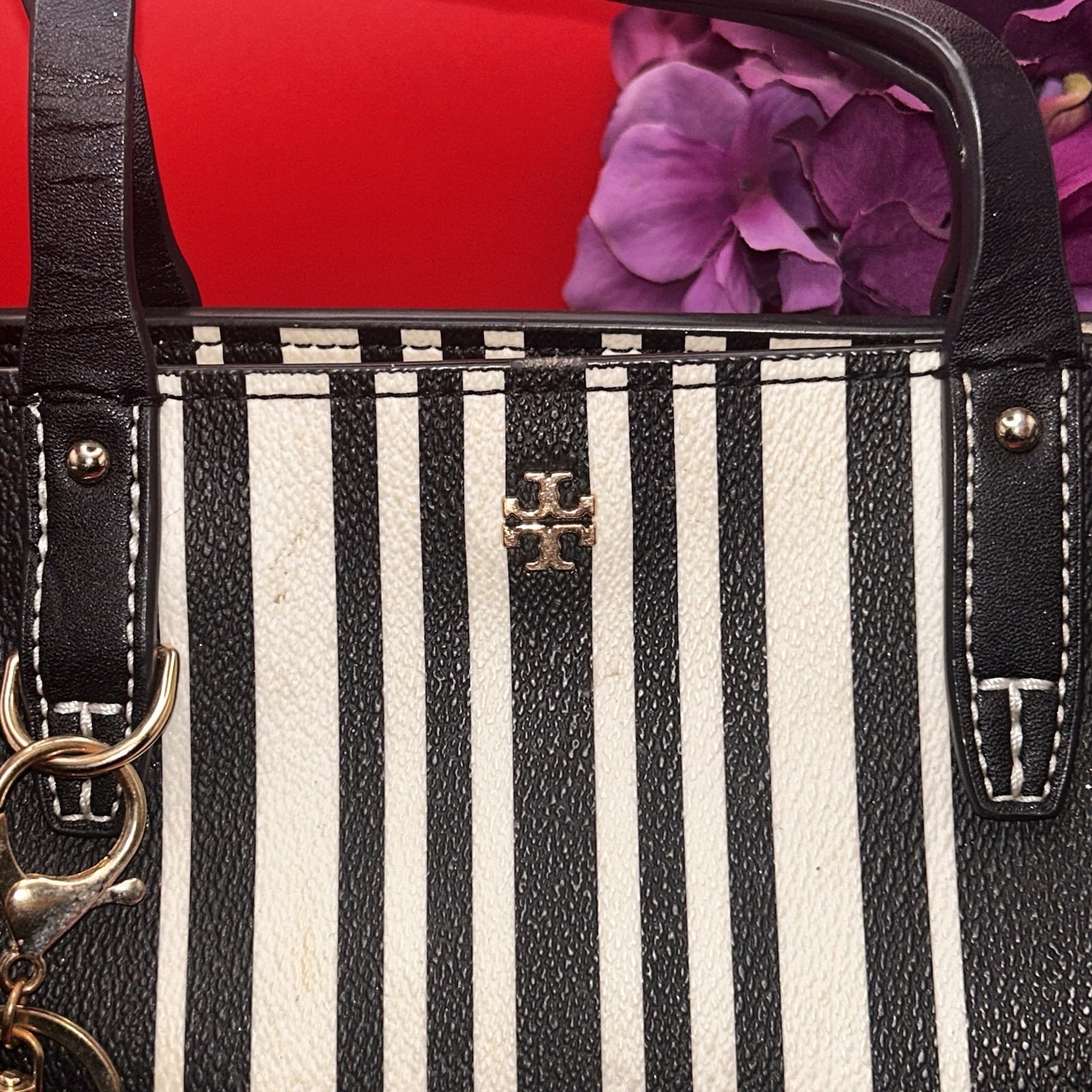 Tory Burch Dark navy & White Striped Pebbled Leather Tote Crossbody Bag