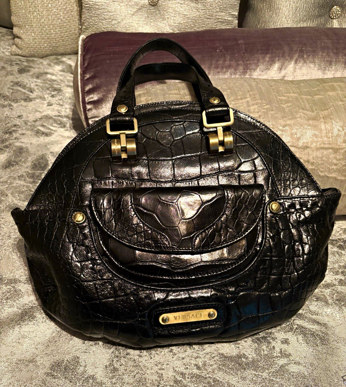 Versace Black Croc-Embossed Satchel Top Handle Bag, Zip, Gold Hardware