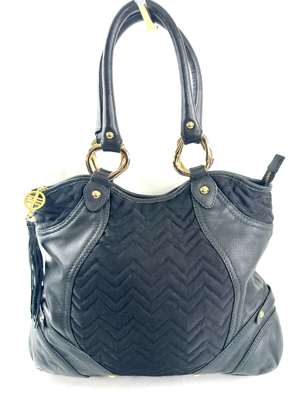 Via Spiga Black Leather Quilted Nylon Satchel Shoulder Bag Tassel Brass Studs