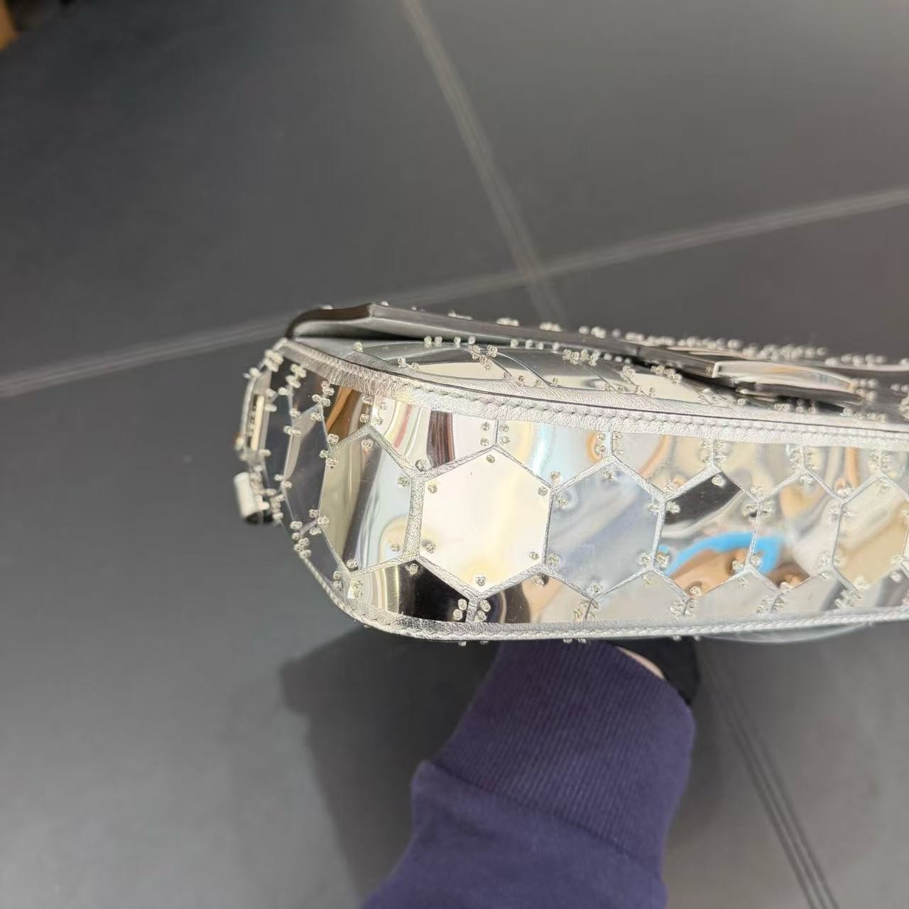 AUTH Fendi Baguette Silver Mirror Geometric Studded Leather Silver Hardware