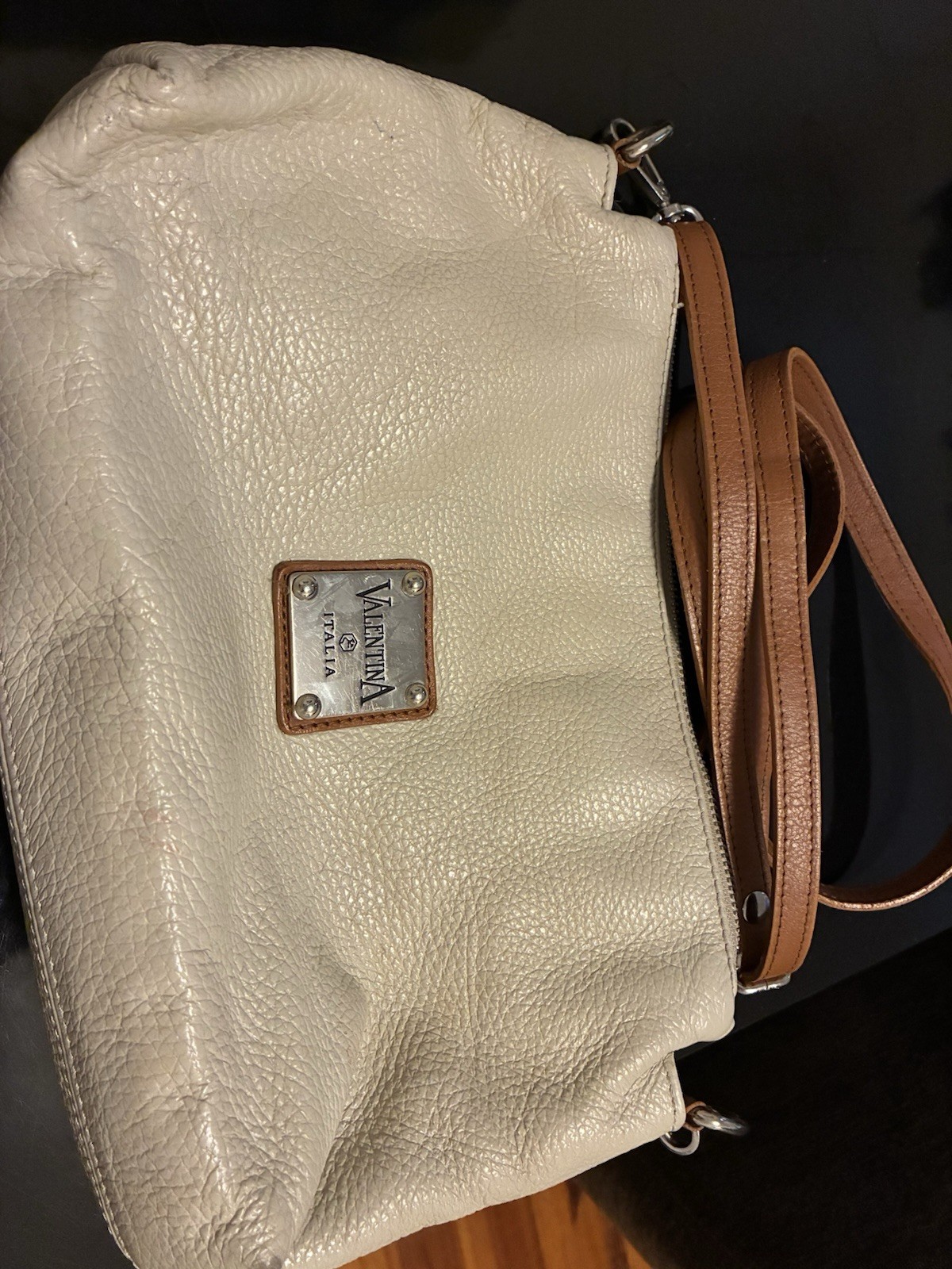 Valentina Pebbled Beige/Brown Shoulder Bag Logo Plaque Zipper Lined Pockets