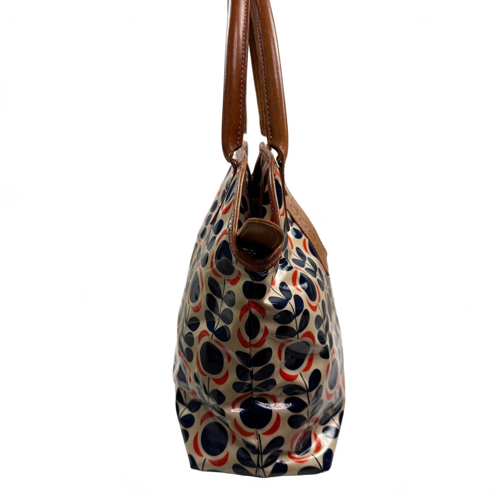 Orla Kiely London Stem Print Laminated PVC Coated Tote Bag Leather Trim Zip EUC