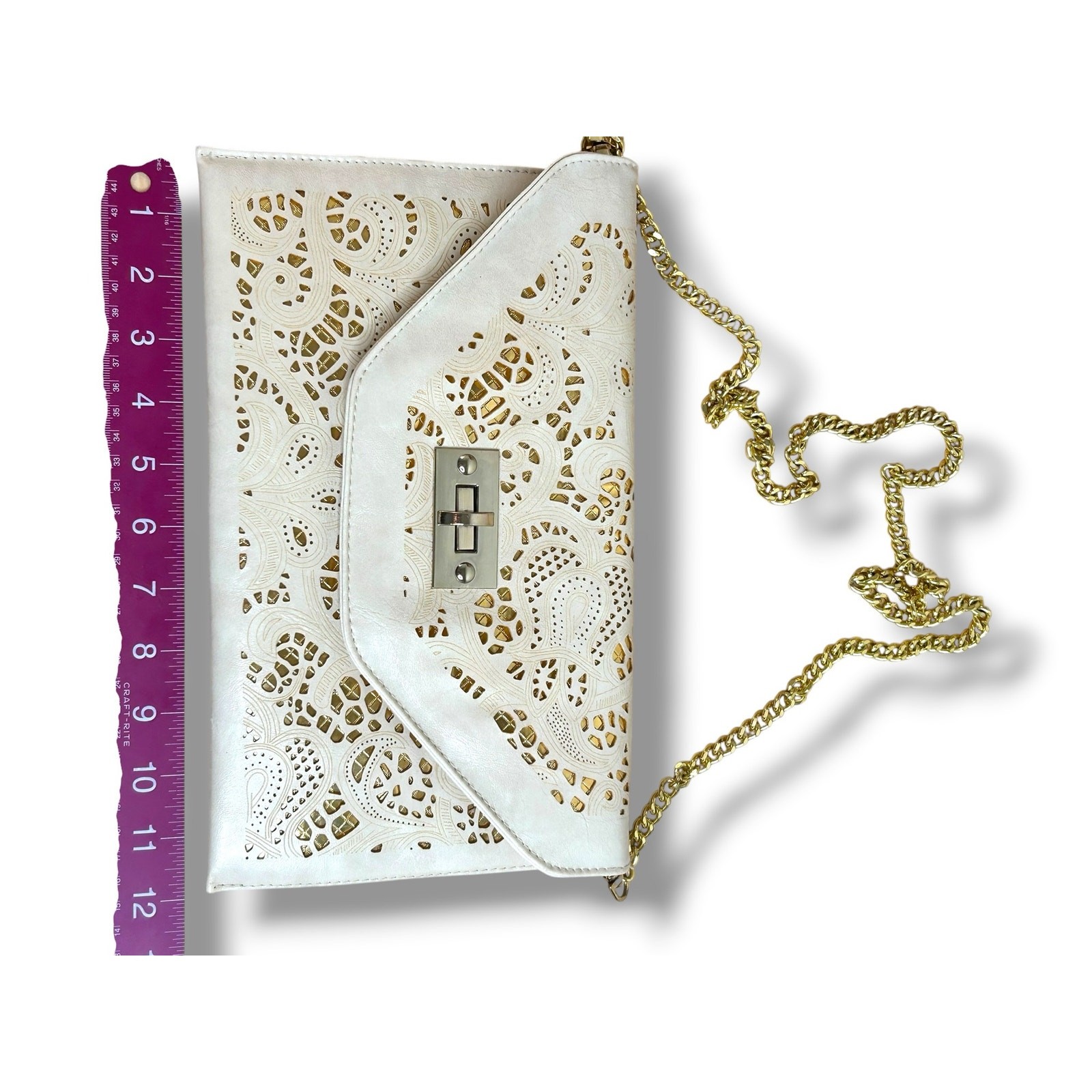 Jing Mei Envelope Cross Body Purse Cream and Gold Metal Gold Tone Chain Strap