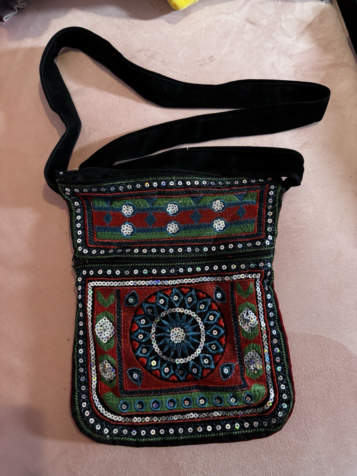 Embroidered Sequin Zip Crossbody Bag Multicolor Black Strap Lined Pockets