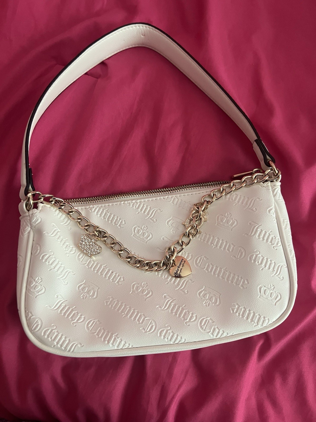 Juicy Couture White Shoulder Bag with Chain, Heart Charm, Logo Pattern
