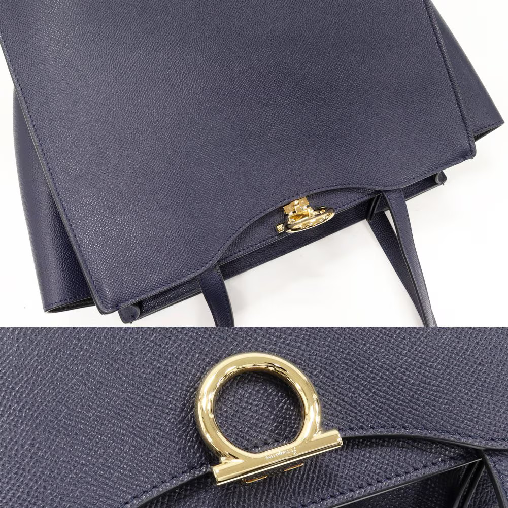 Salvatore Ferragamo Gancini Tote Bag Calf Navy Calfskin Navy Black #TKB086