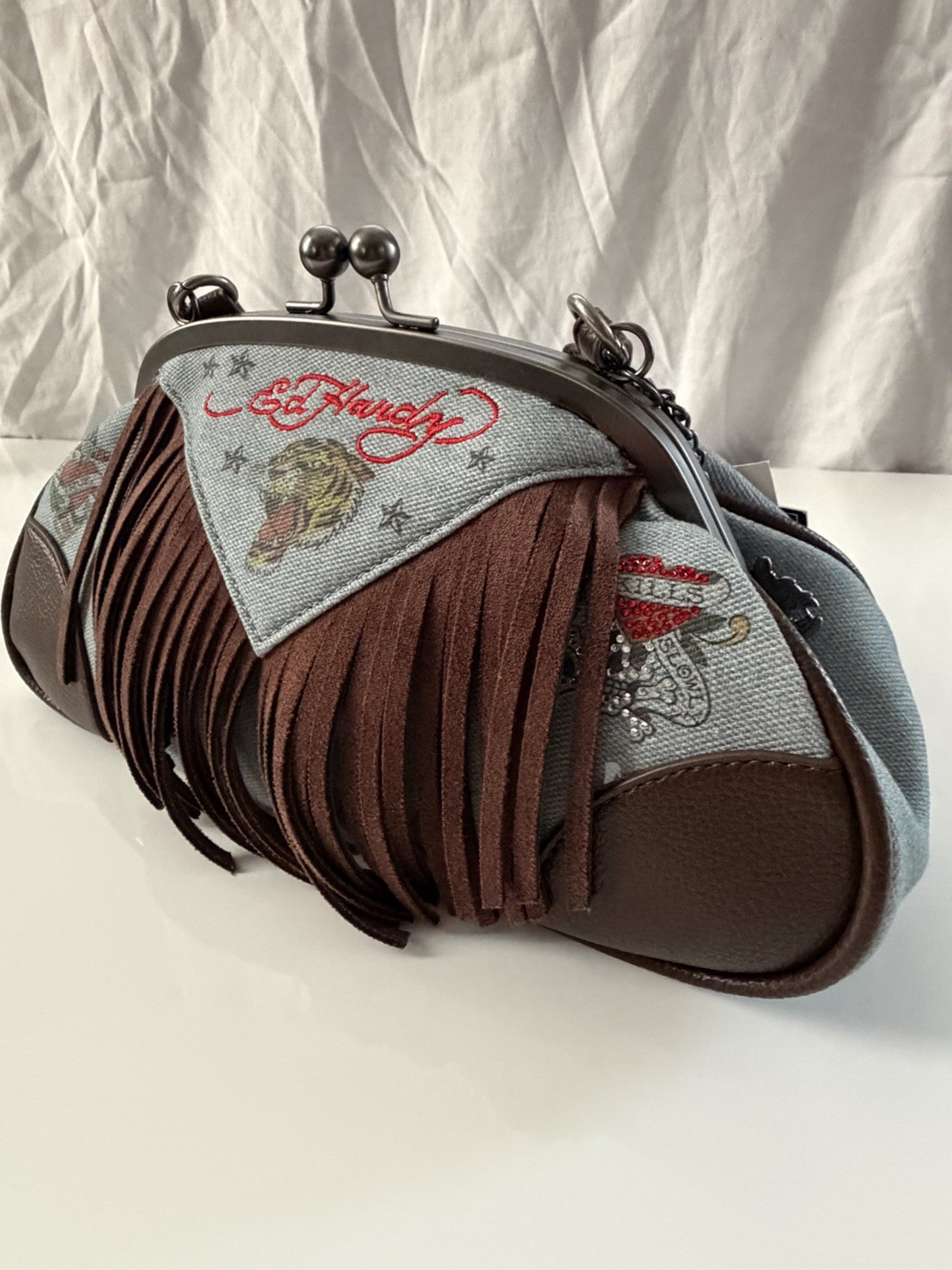 Ed Hardy Blue Brown Fringe Kiss Lock Clutch Top Handle Strap Embroidered Tiger