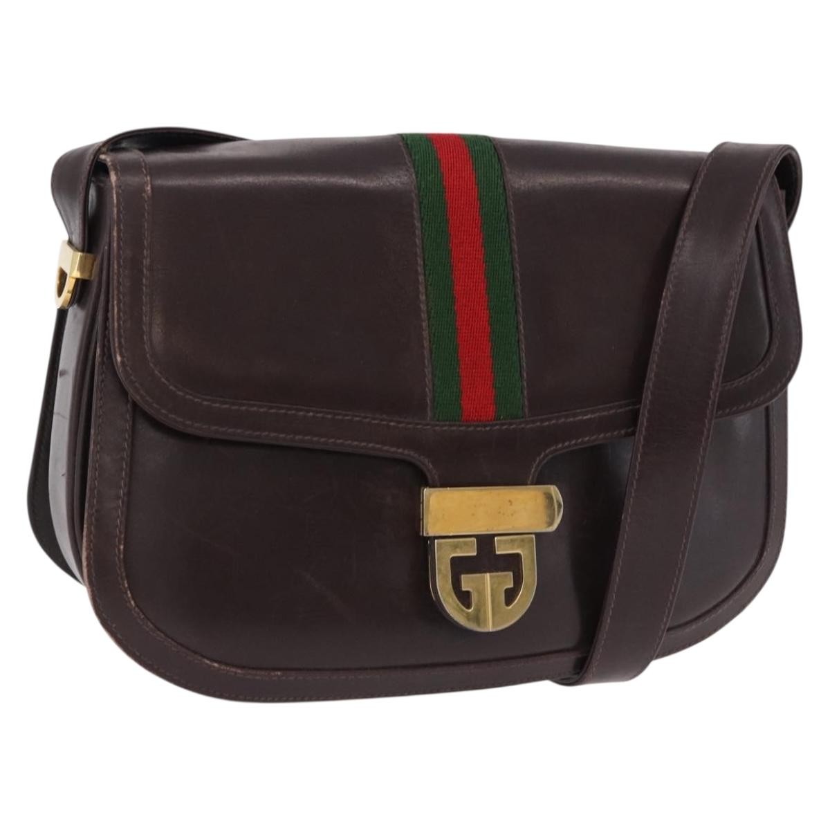 GUCCI Web Sherry Line Shoulder Bag Leather Brown Gold Auth 191902