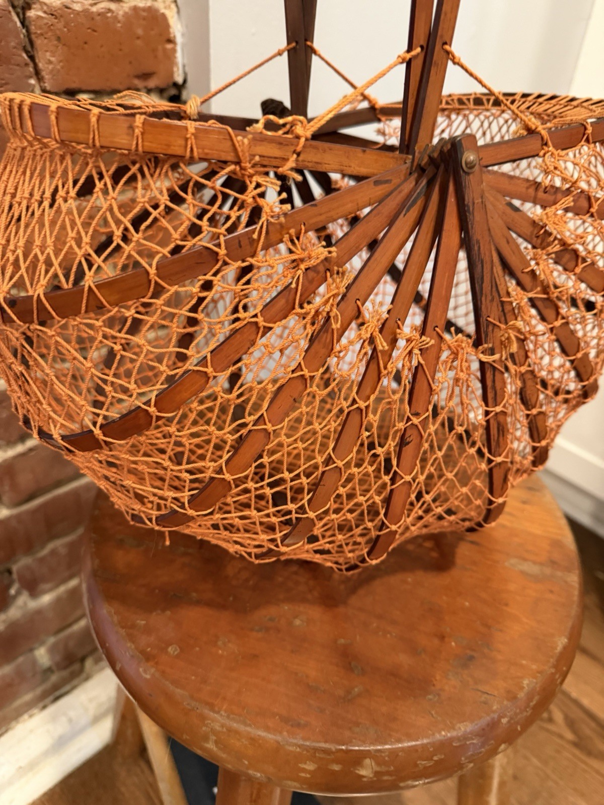 Vtg 1950s Japanese Folding Bamboo Basket Purse Orange Fishnet Collapsible Bag