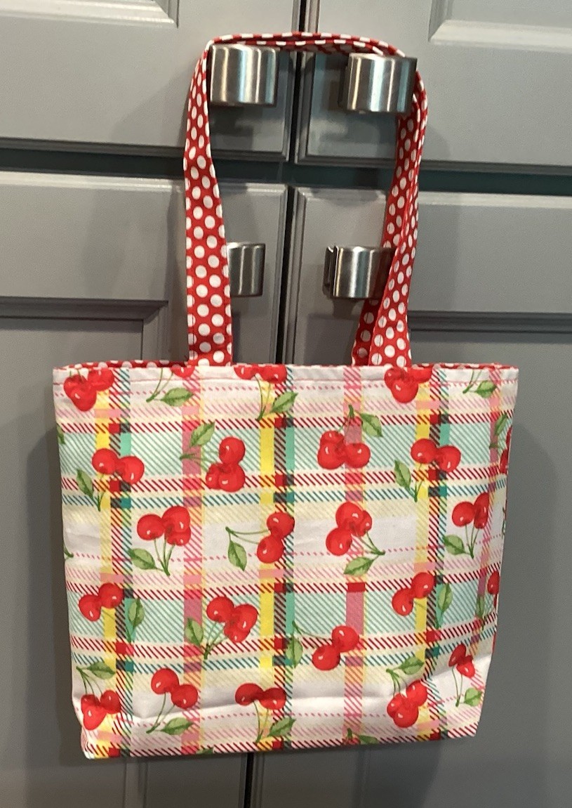 Mini Tote Handmade Cotton Cherry Print With Red Polka Dot Lining And Handles New