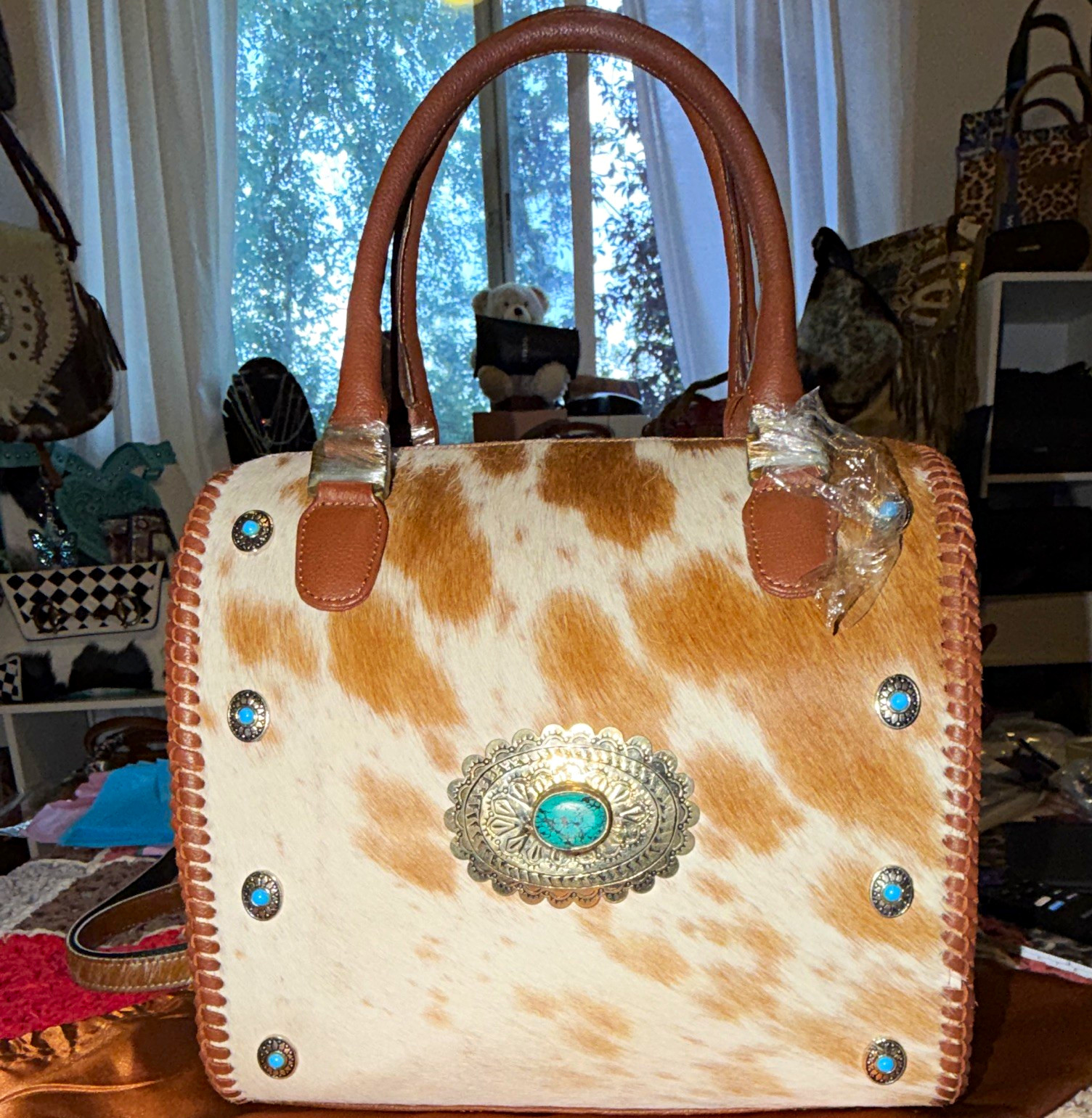 American Darling Brown/White Animal Print Satchel Top Handle Zip, Med, Strap