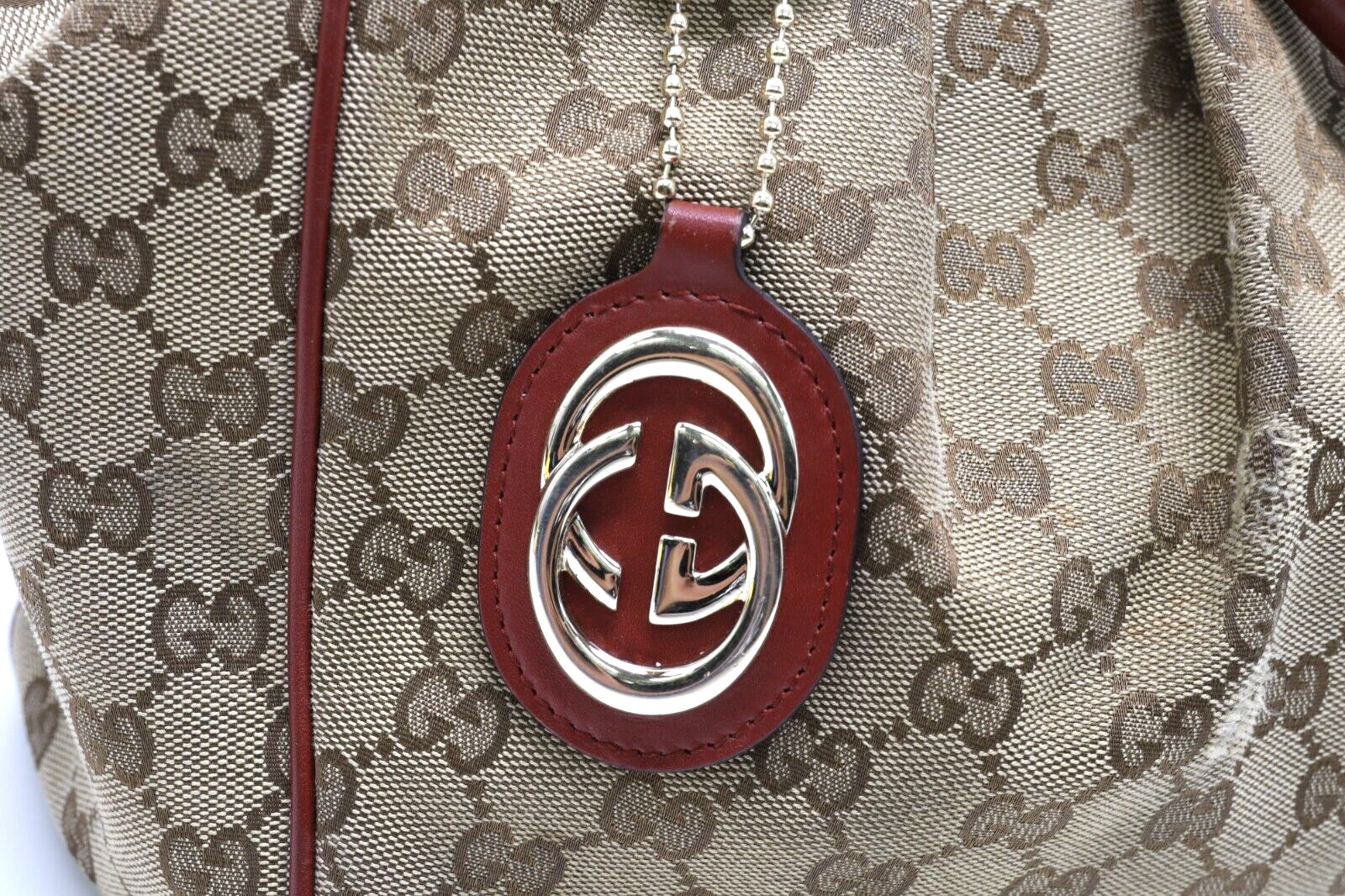 GUCCI Sukey Tote Bag GG Beige Canvas & Red Leather Lining/Handle Good Condition