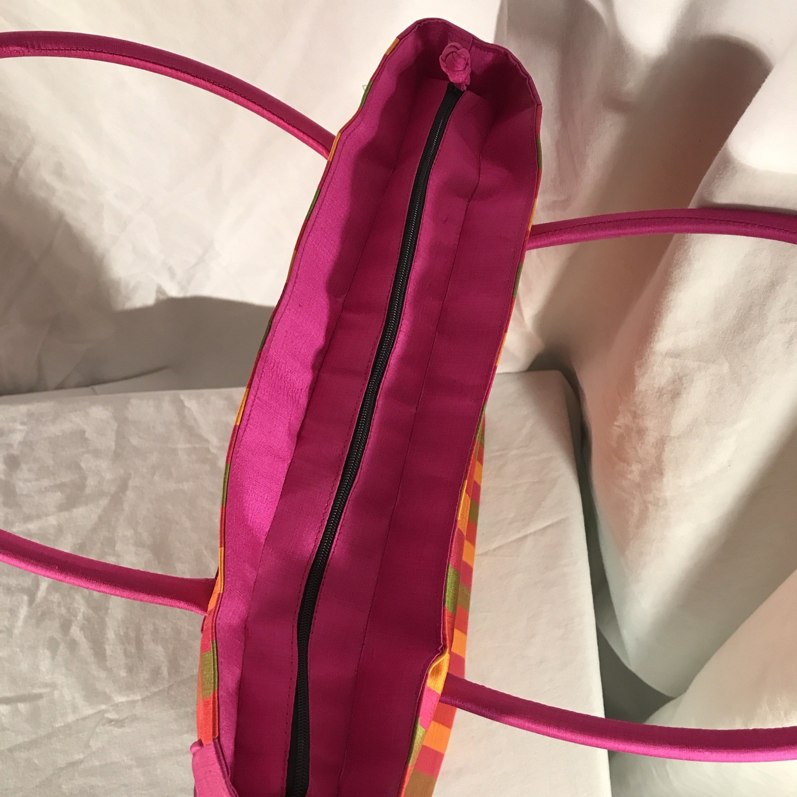 Handmade Cambodian Silk Striped Tote Bag, Zip Top, Cotton Lined, Inner Pockets