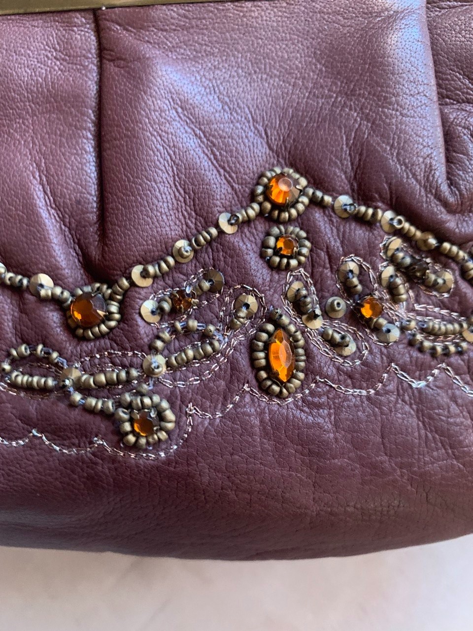 Vtg Massimo Dutti Beaded Brown Leather Clutch Handbag Kiss Lock Evening Bag Y2K