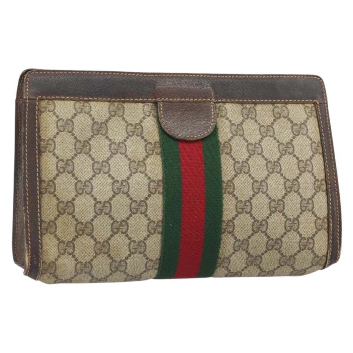 GUCCI GG Supreme Web Sherry Line Clutch Bag PVC Beige 41 001 2125 28 Auth 169573