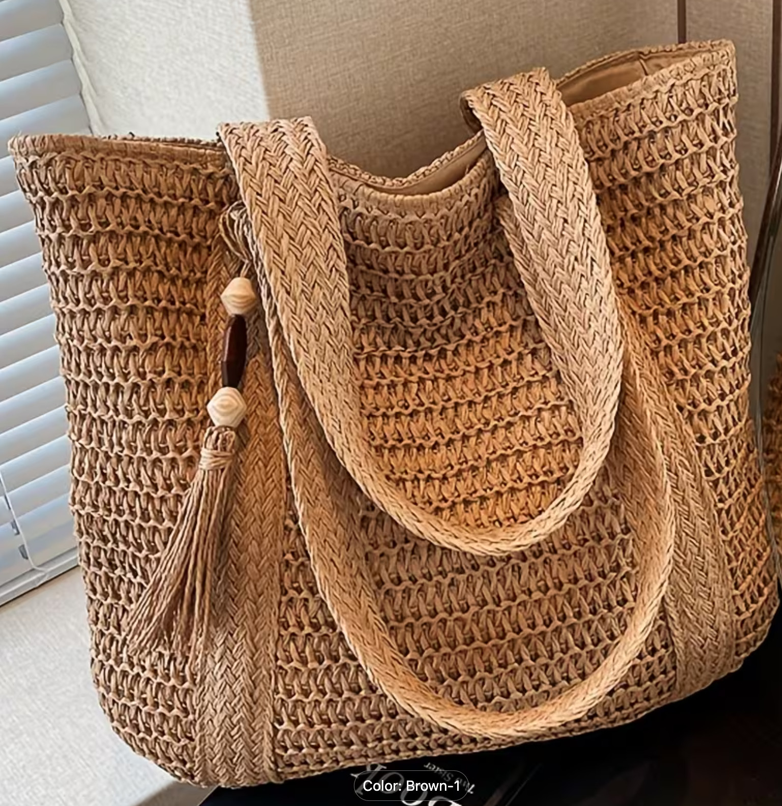 Boho Straw Tote Bag for Women~Large Woven Shoulder bag~Beach Bag Natural Brown