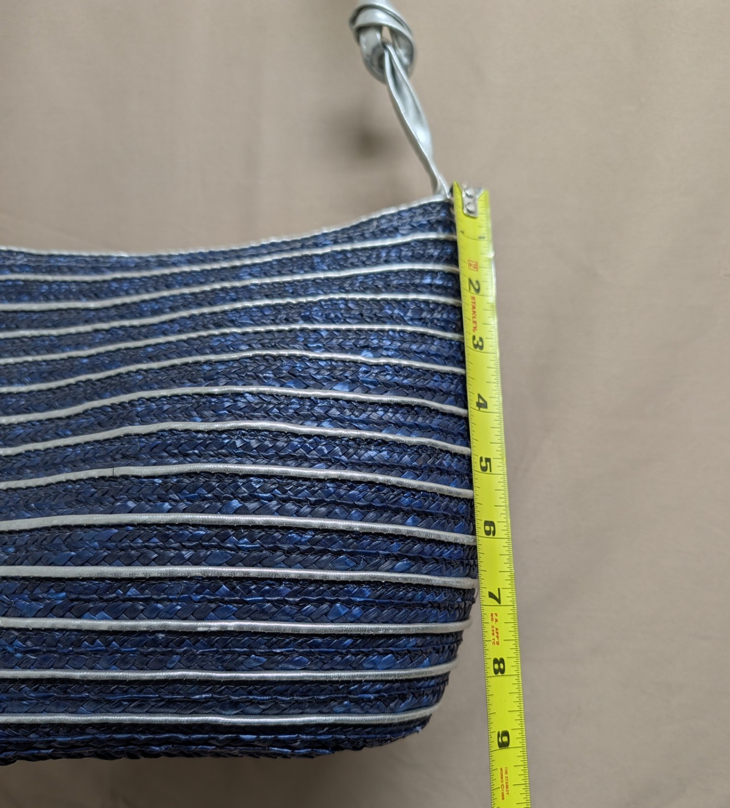 Worthington Straw Woven Crossbody Shoulder Bag Purse Handbag Blue Silver Strips