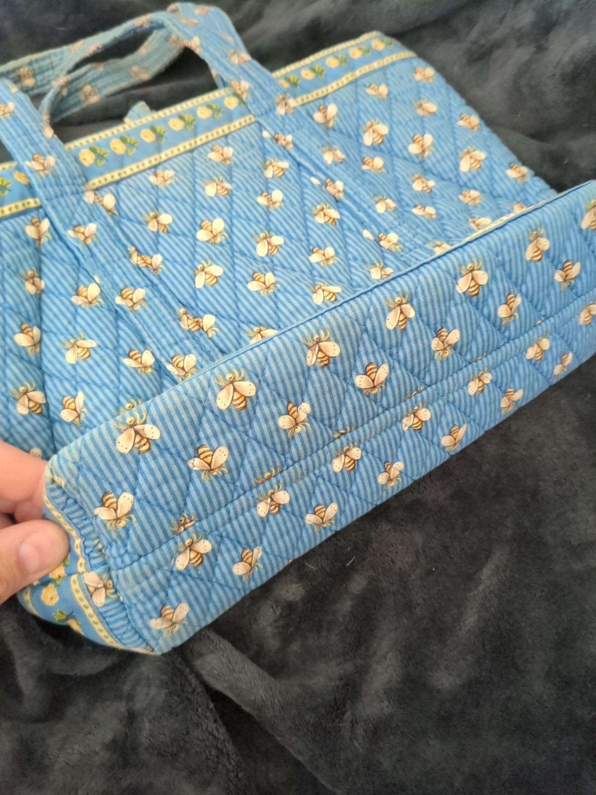 Vintage Vera Bradley BEES Quilted Tote Bag Blue Stripe Yellow Rose Rare Retired