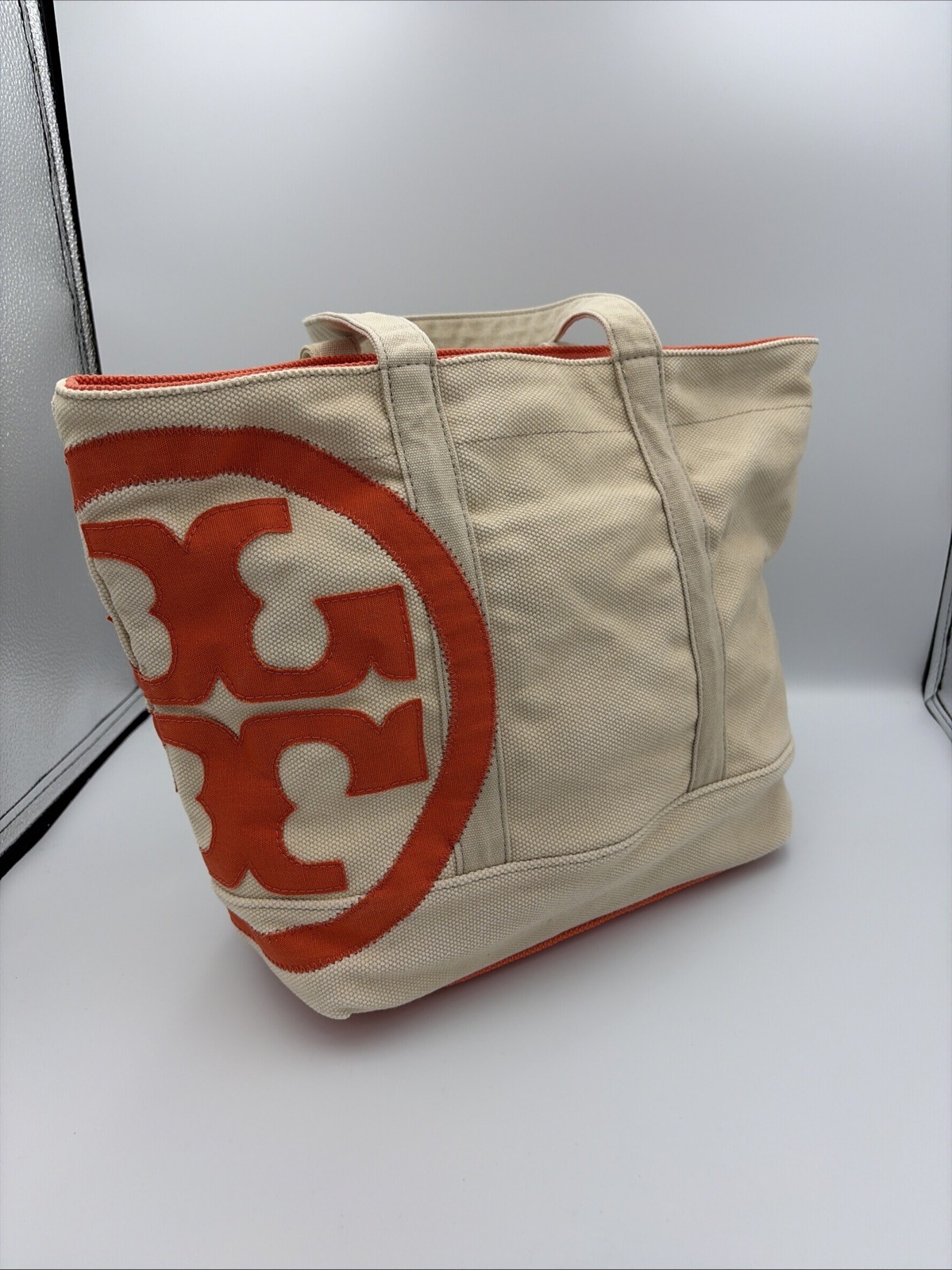 Tory Burch canvas tote beach bag women’s Medium Beige And Orange Logo
