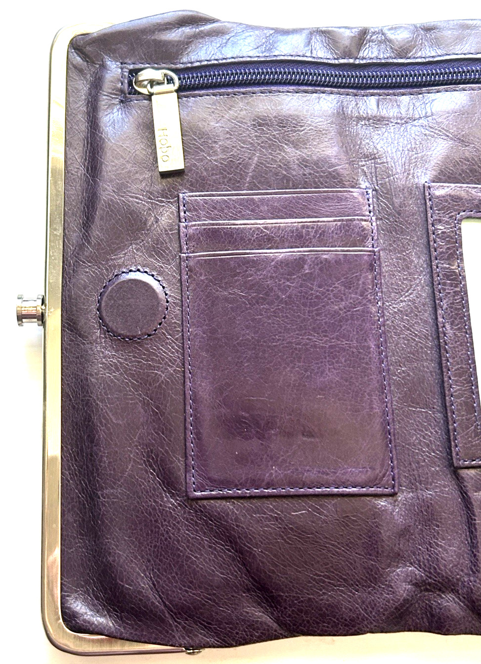LKNU HOBO Lauren Polished Plum Leather Clutch/Phone Double Frame KissLock Wallet