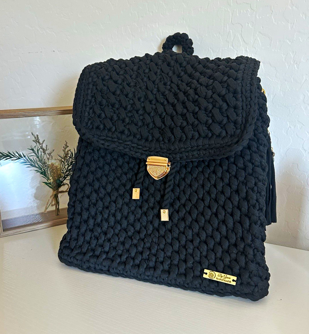 Handmade Women’s Black Backpack Purse Gold Clasp Hardware Tassel Charm