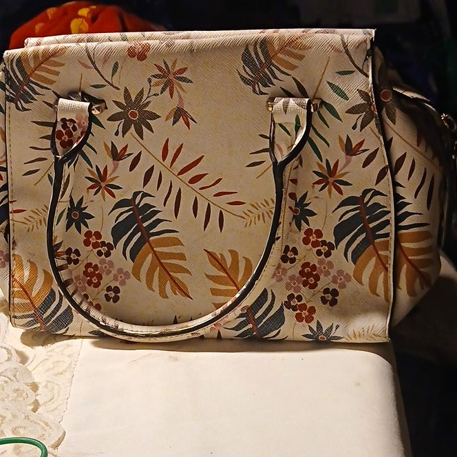 Beige Multicolor Floral Satchel Top Handle Bag Zip Closure Gold Hardware