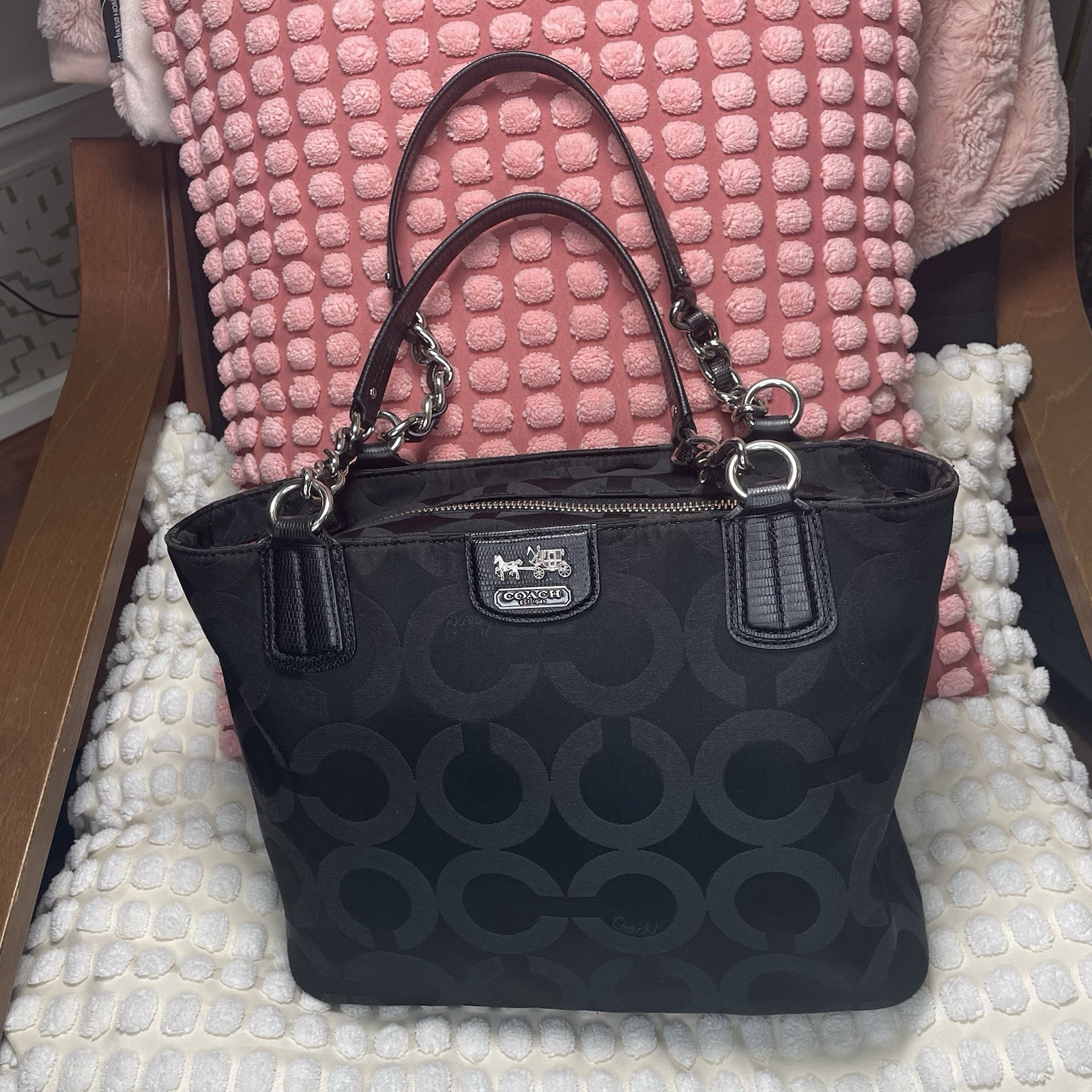 COACH BLACK MIA OP ART LUREX IN SIGNATURE SATEENISH TOTE SHOULDER BAG 20481