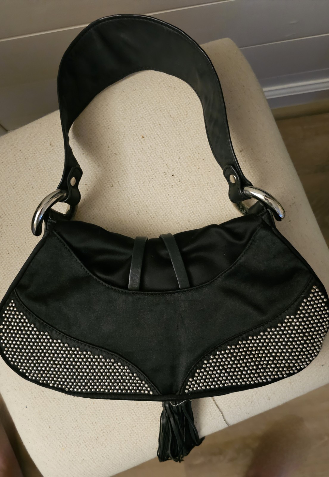 Francesco Biasia Black & Silver Leather accents Bag With Tassel Stud details EUC