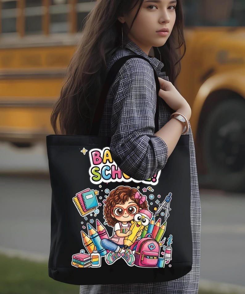 Back to School Tote Bag Cute Cartoon Girl Teacher Student Gift Bag (15×16”)