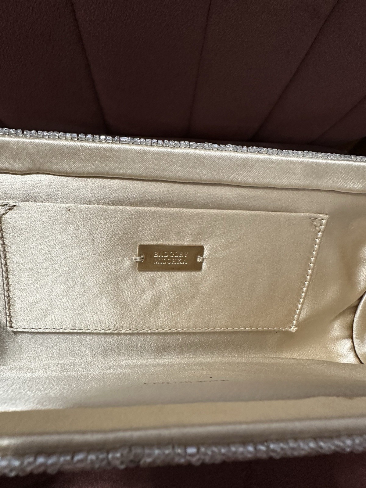 Badgley Mischka Gold Beaded Clutch Evening Bag Detachable Chain Strap Clasp