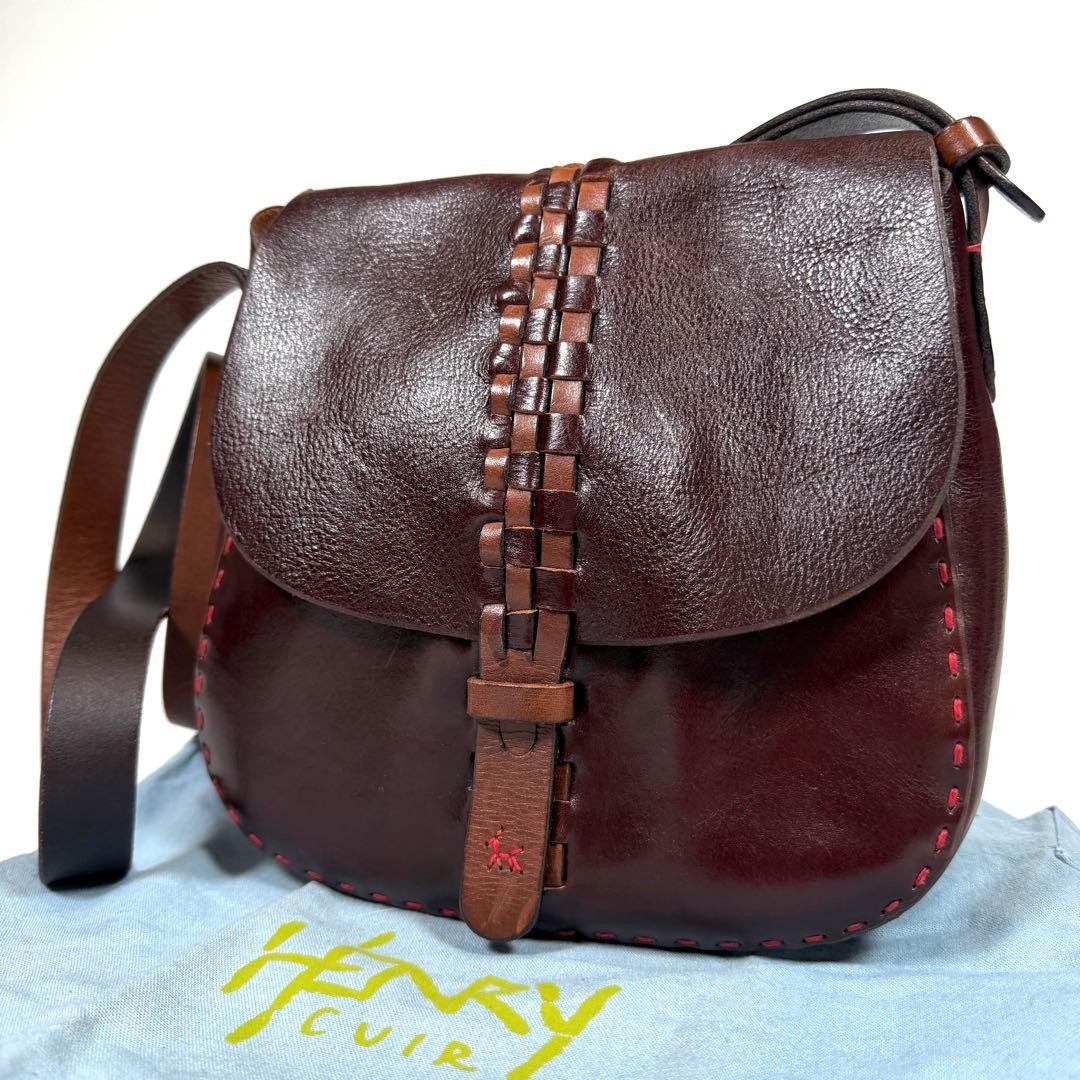 HENRY CUIR CANDIDAT S All Leather Shoulder Bag Dark Brown Dog Embroidery