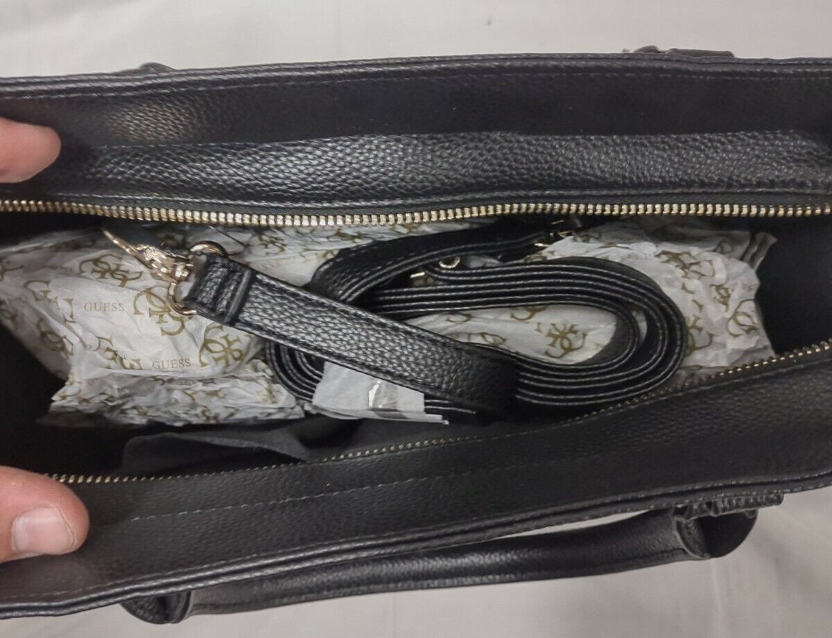 Guess Shoulder Bag Purse Womens Sz L Crista Black Faux Leather Pad Lock PVC Tote