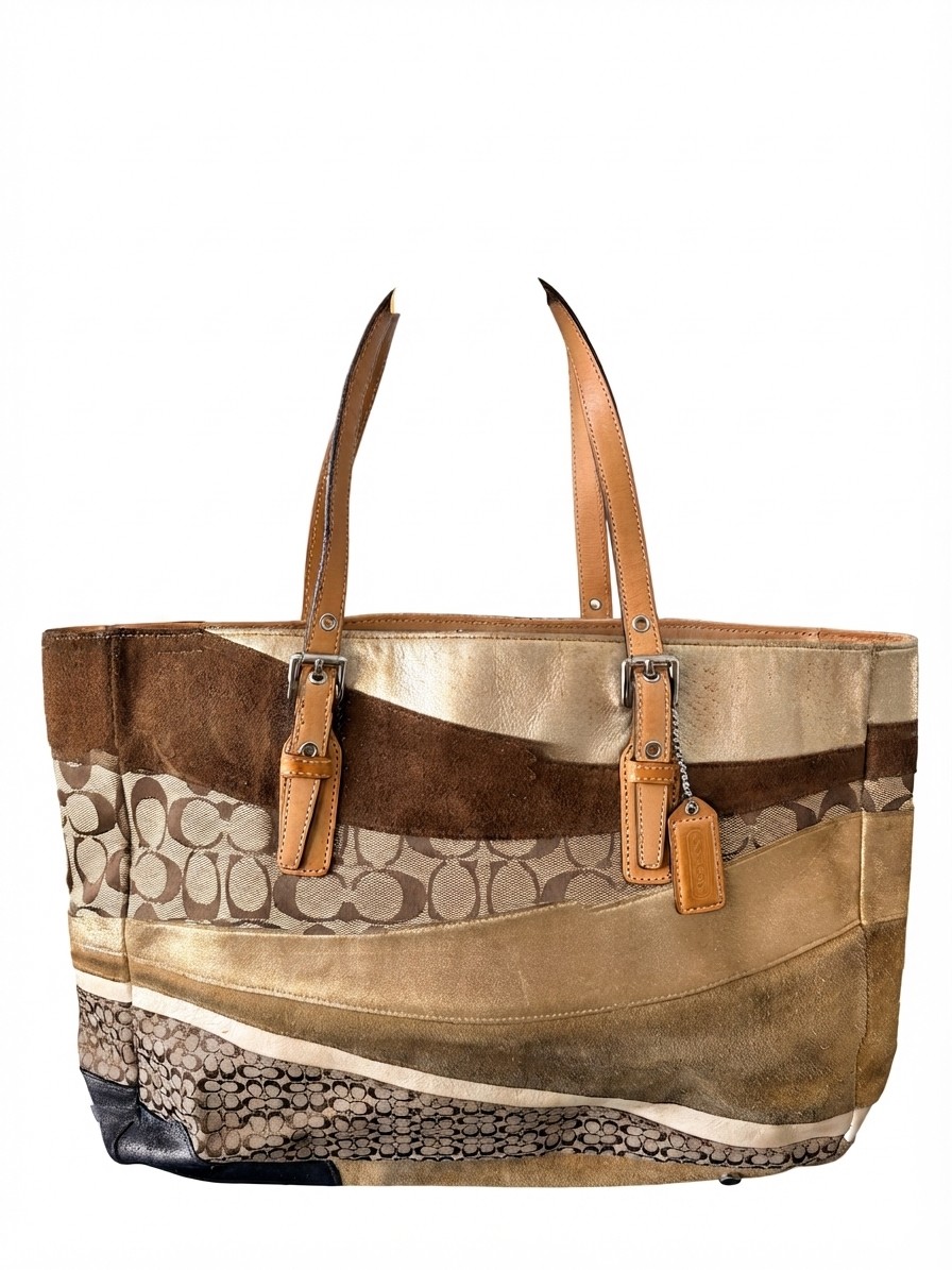 Coach Signature wave Patchwork Tote Bag – Metallic Gold and Brown Suede