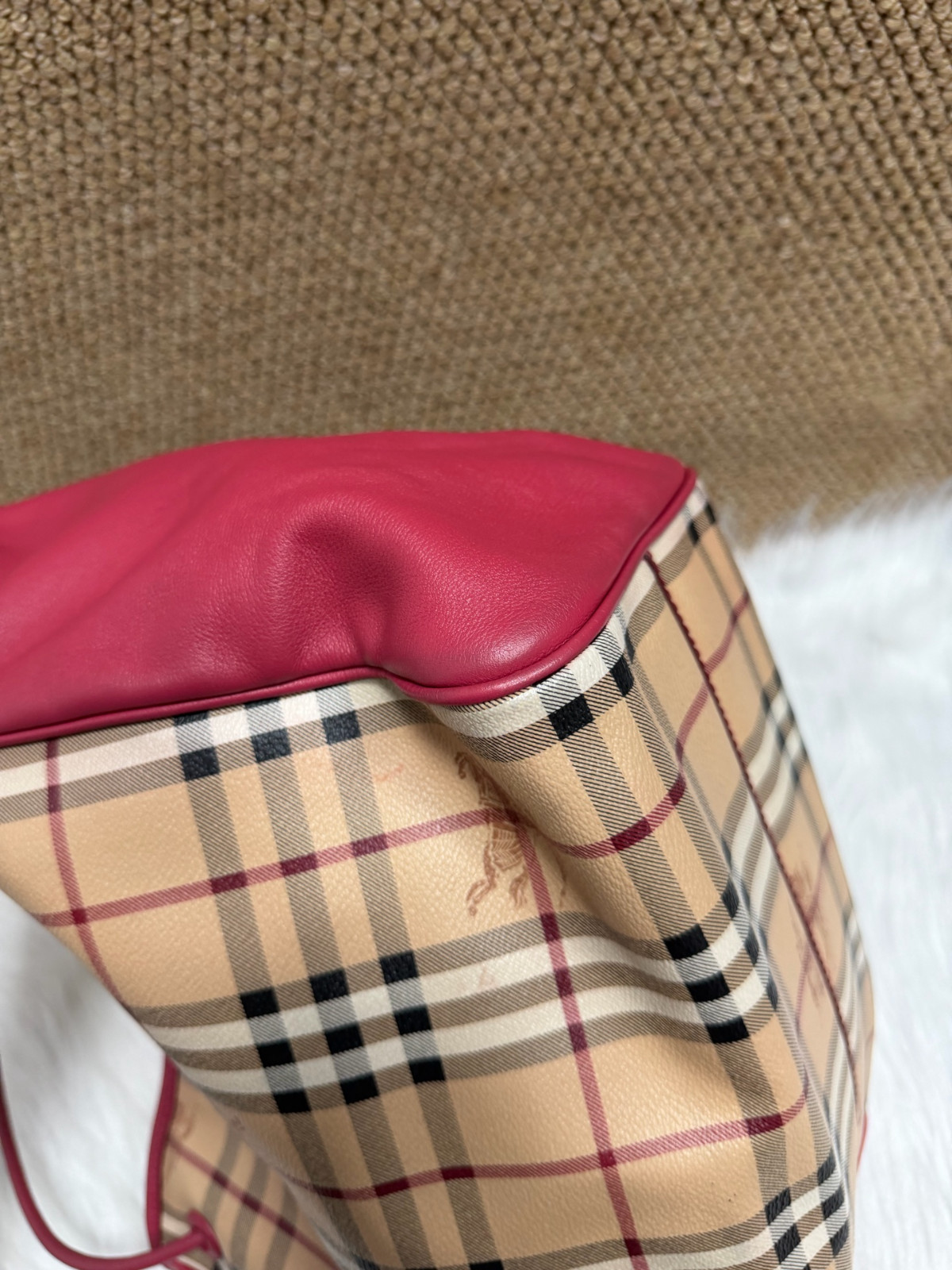 Authentic Burberry Haymarket Check Tote Coated Canvas, Leather Tote Burgundy,