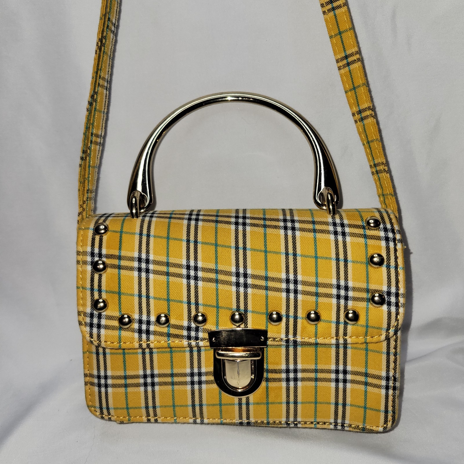 Women Girls Yellow Plaid Crossbody Handbag Oliver Miller gold studs Y2K