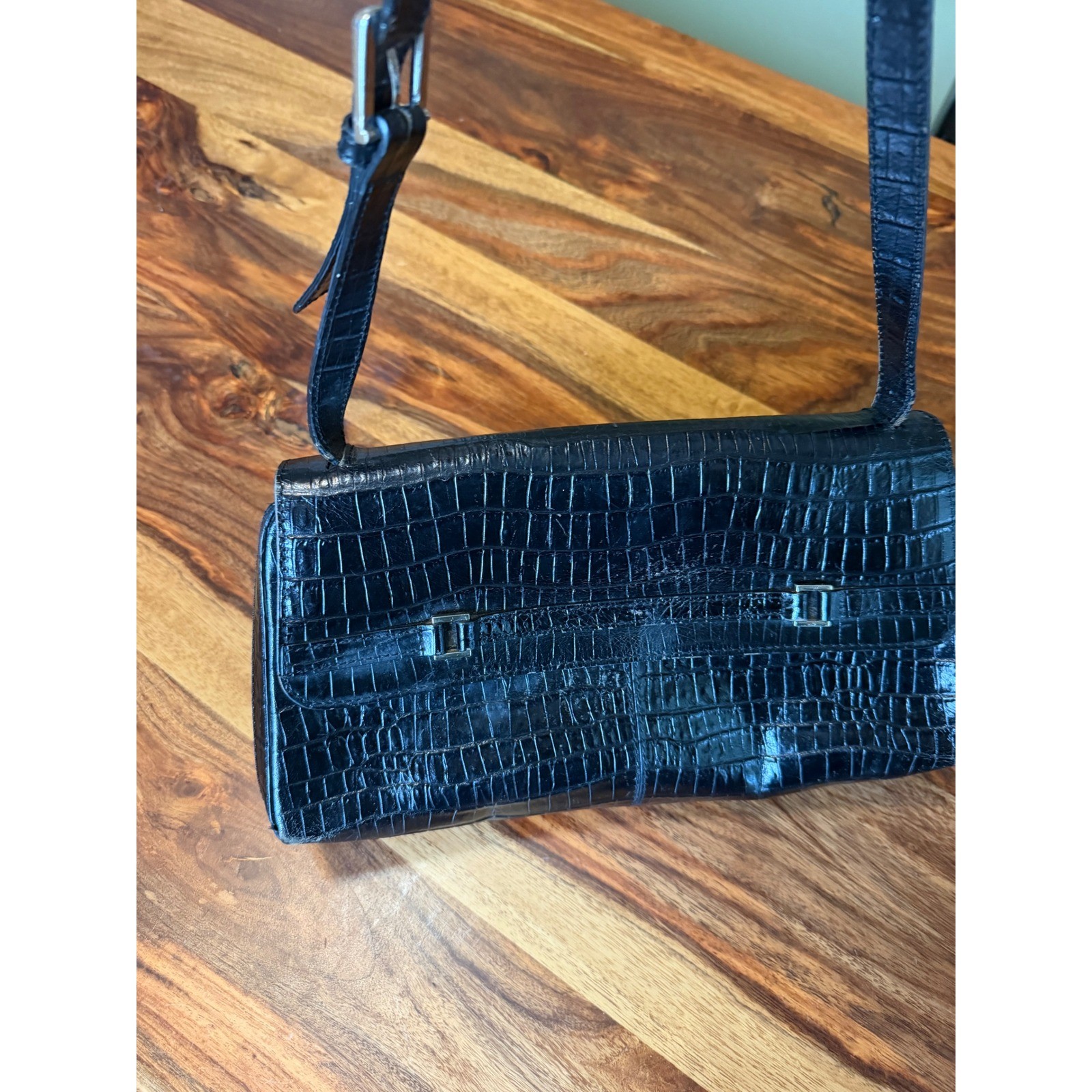 Etienne Aigner Black Croc Embossed Leather Baguette Shoulder Bag Silver Hardware