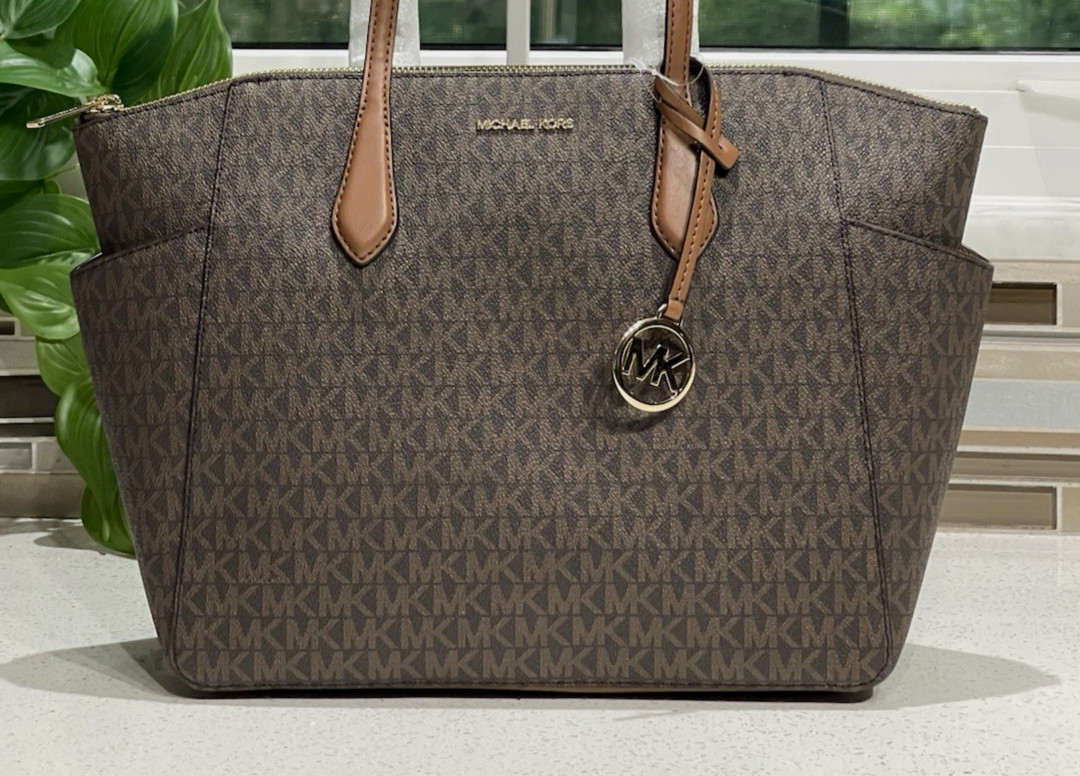 MICHAEL KORS MARILYN MEDIUM LARGE ZIP TOTE SHOULDER BAG PURSE BROWN MK LOGO GOLD