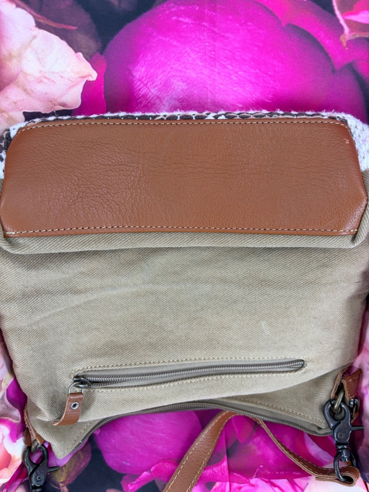 Myra Pre-loved Cowhide, Leather, and Cotton Crossbody Purse with Zip Closure