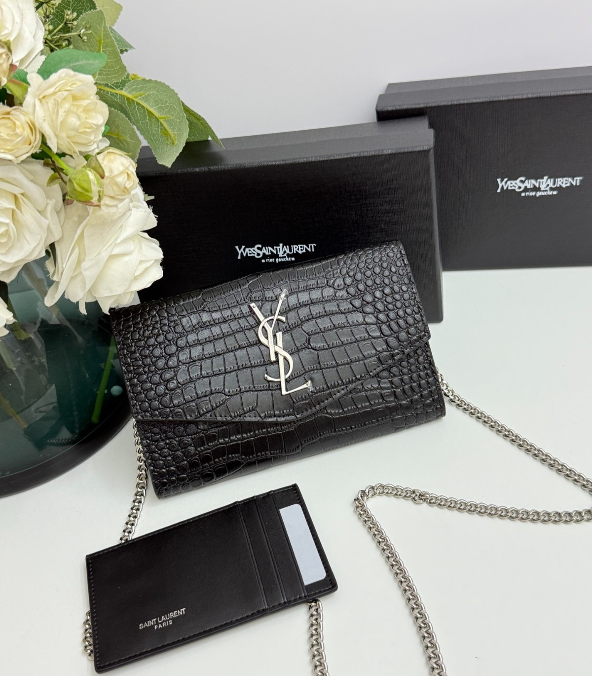 Saint Laurent Black Croc Embossed Leather Chain Wallet Crossbody Bag NEW
