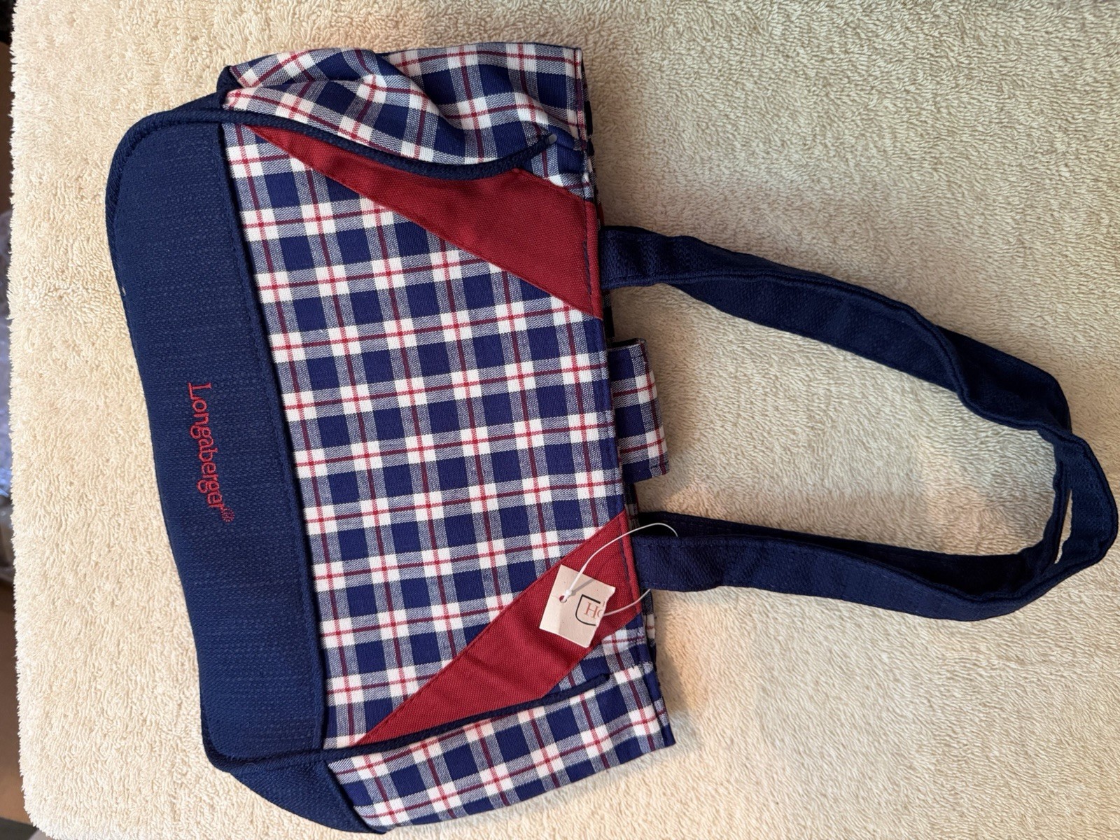 Longaberger Homestead Cotton Purse Bag Red White Blue Plaid Handbag American