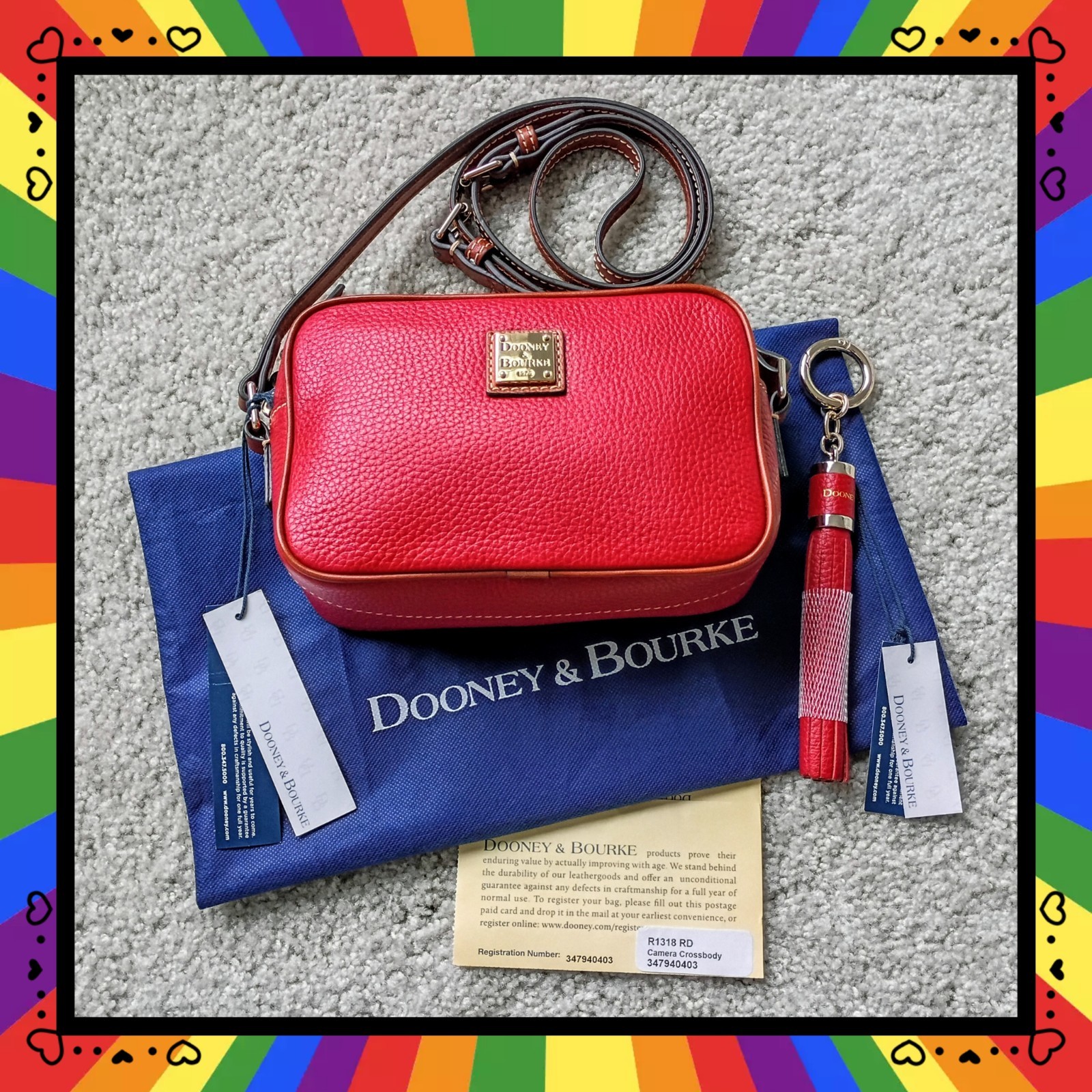 ❤️ DOONEY & BOURKE RED PEBBLED LEATHER CAMERA CROSSBODY BAG + SAMMI TASSEL CHARM
