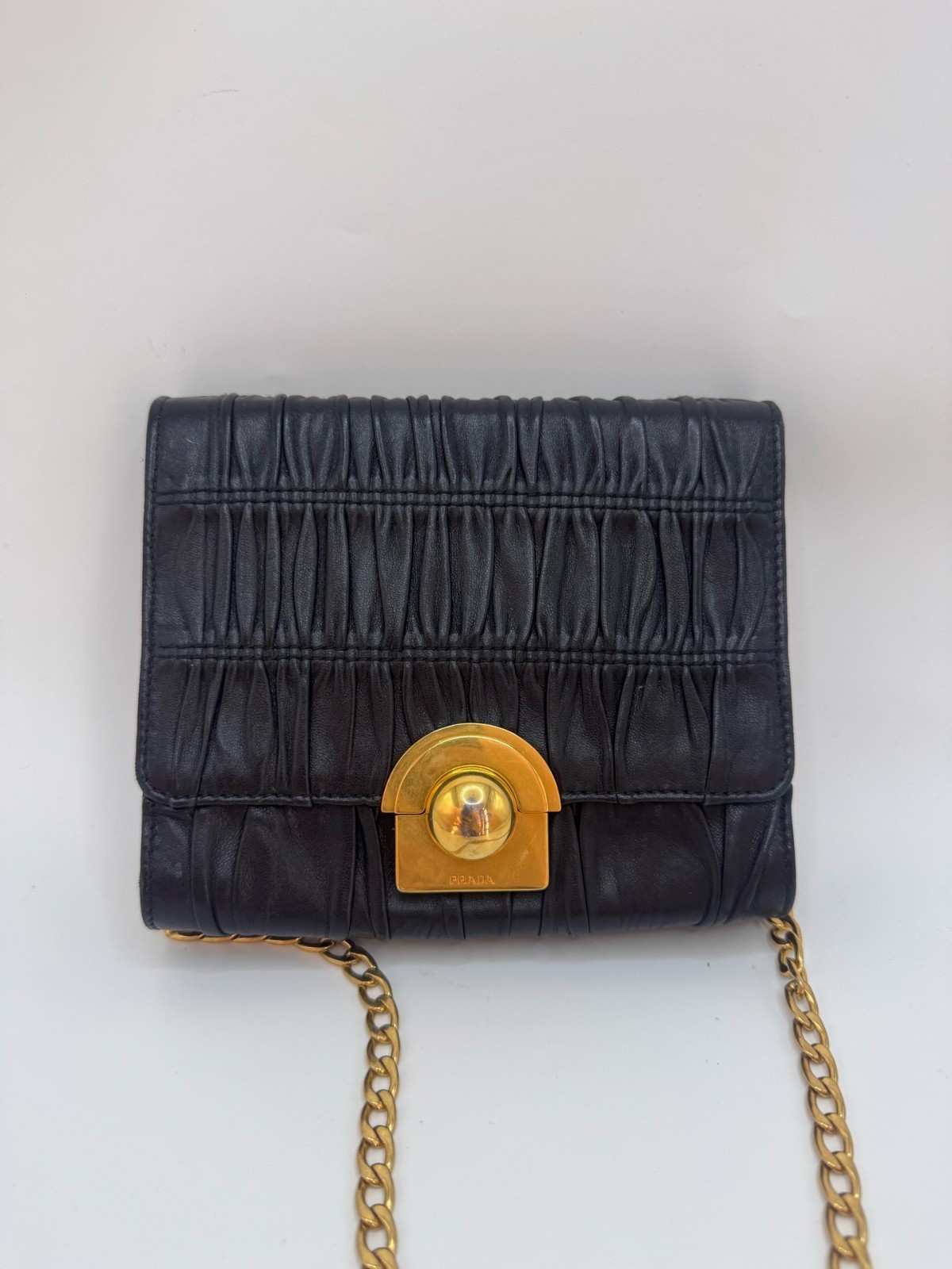 Prada black gold pleated chain bag with mirror sheepskin normal use traces