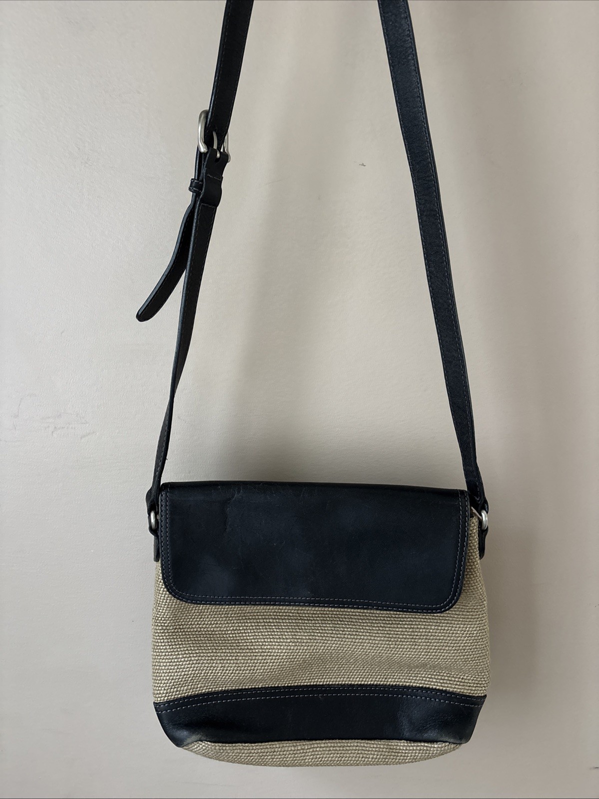 Freeport Studio Crossbody Bag Black Tan Canvas Leather Woven Purse