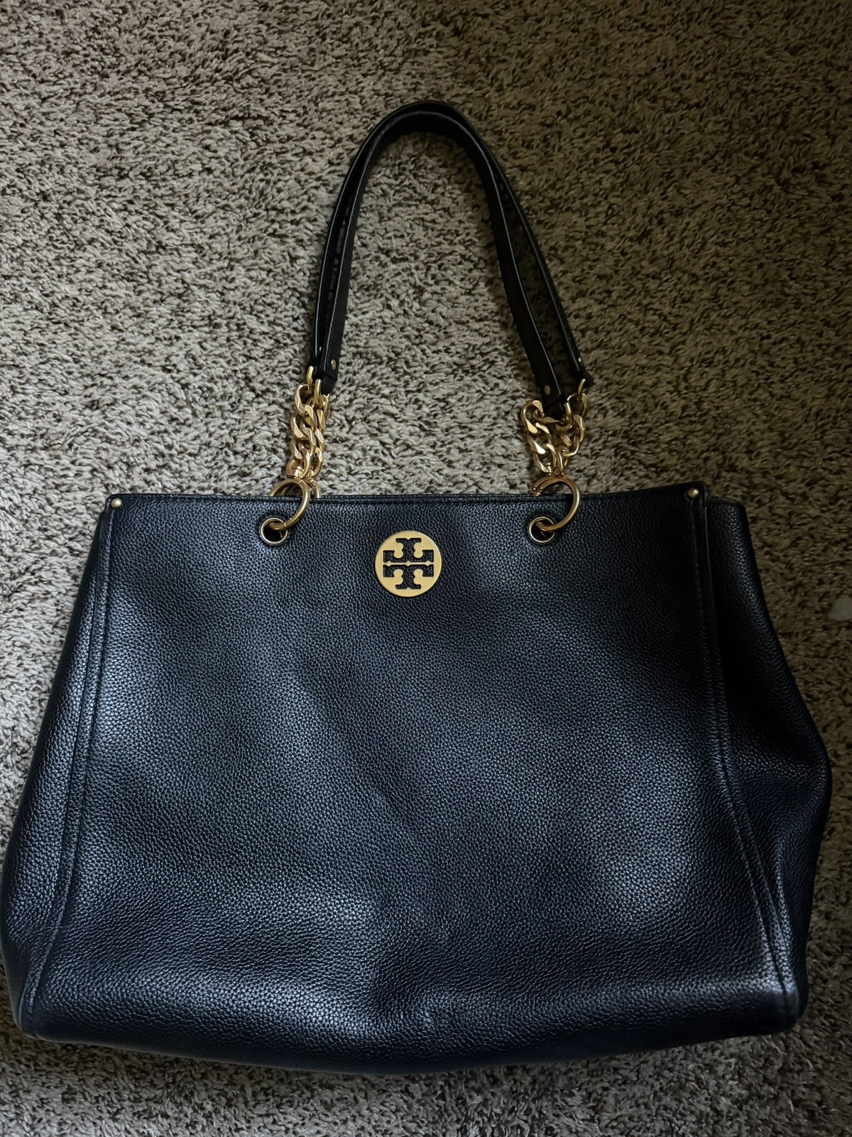 Tory Burch McGraw Triple Compartment Leather Tote Large Black Leather Bag