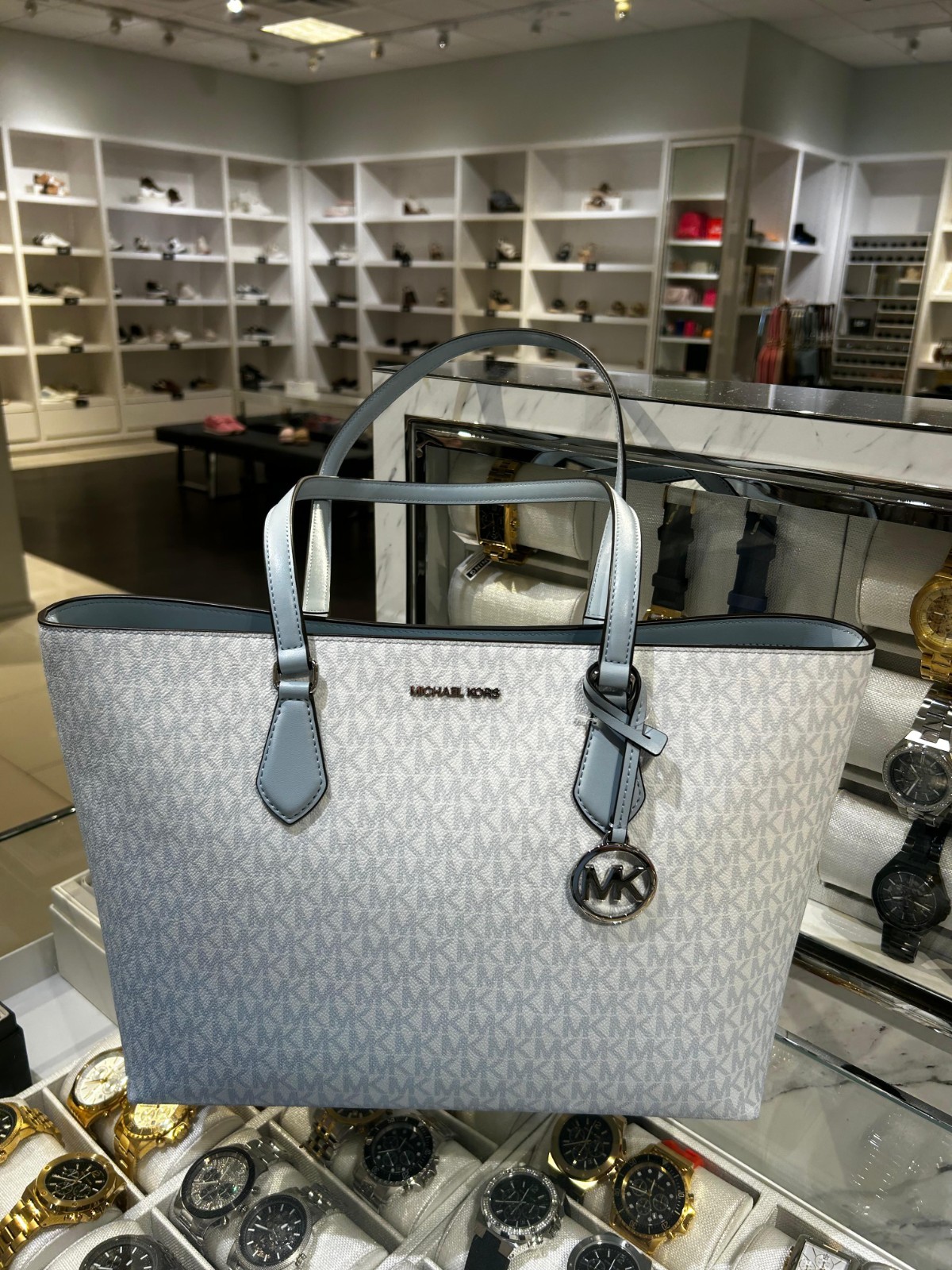 Michael Kors Sheila Women Large Ombré Logo Multifunction Tote Bag Pale Ocean