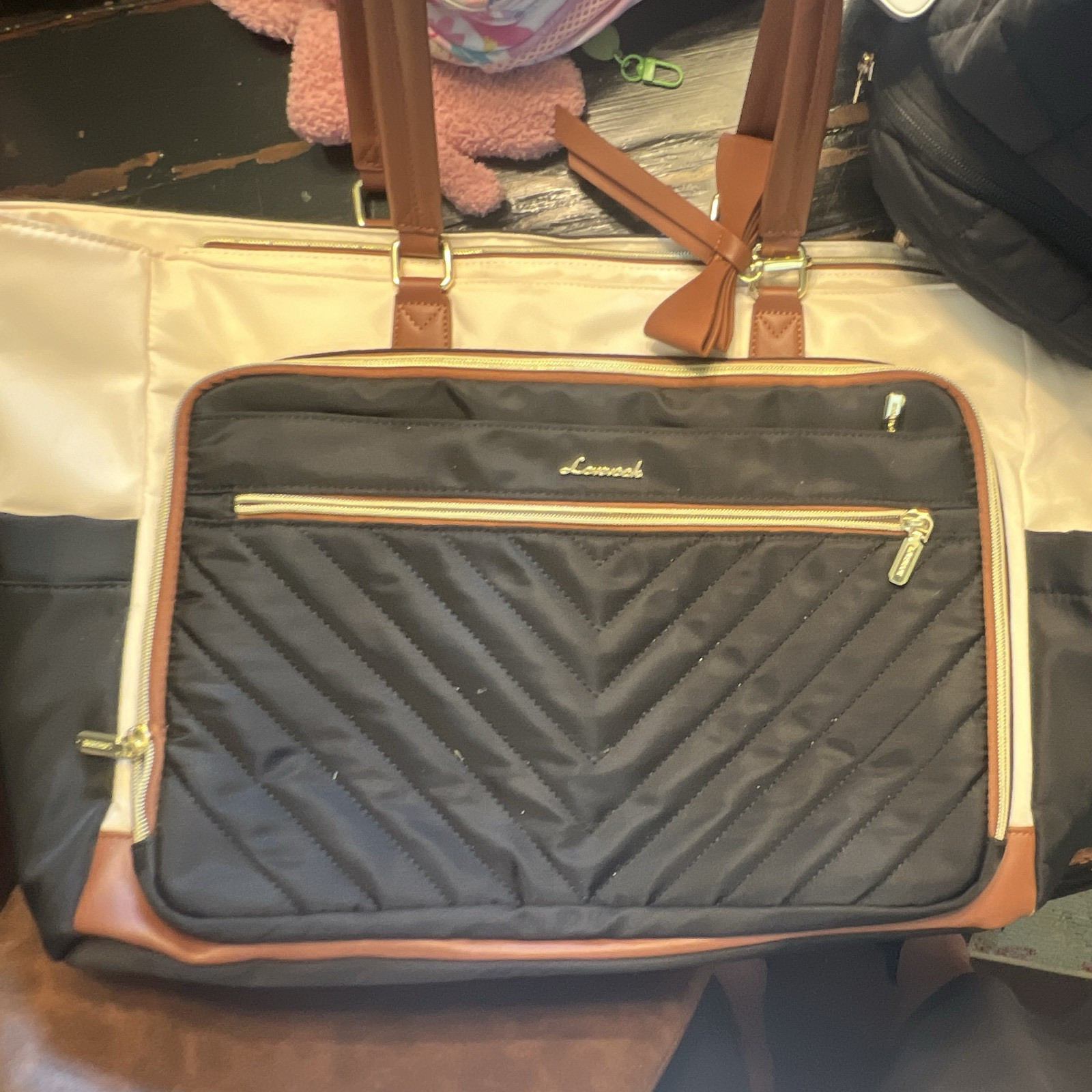 Lovevook Large Quilted Travel Tote Bag Black/Beige/Brown Zip Adjustable Strap