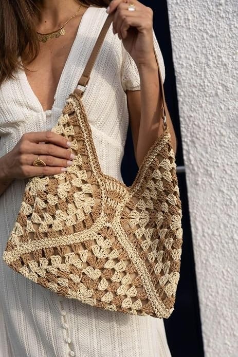 Elegant Straw Wicker Handmade Boho Aztec Tote Bag, Rich Brown