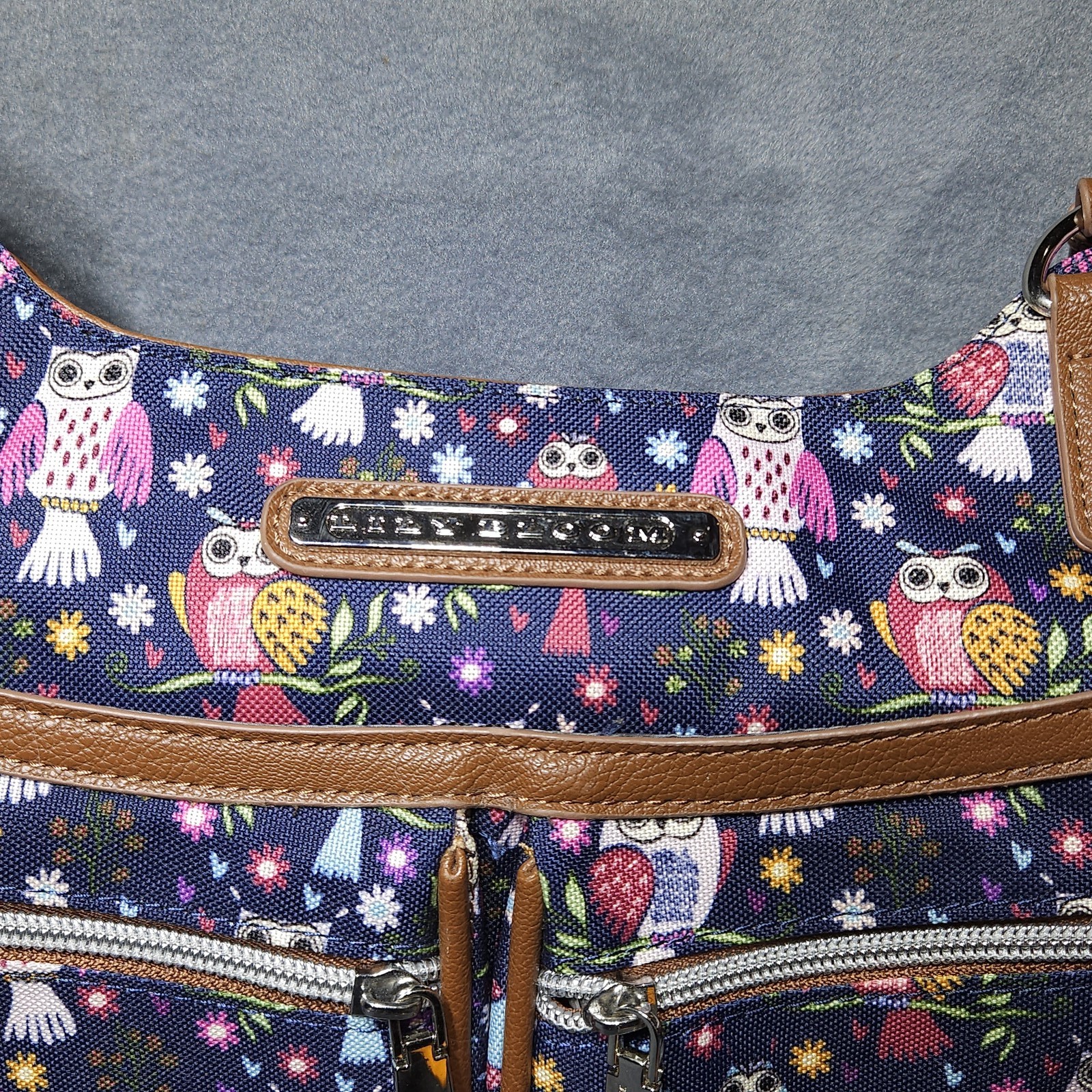 Lily Bloom Owl Print Crossbody Hobo Bag Womens Navy Blue Multi-Color Faux